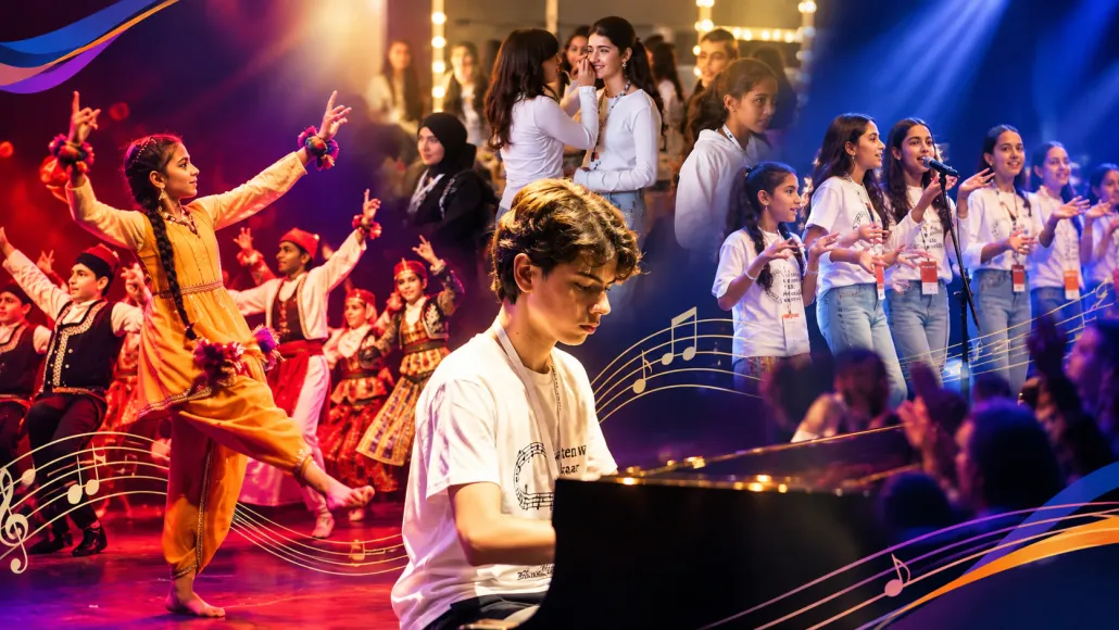 Collage van jonge folkloredansers, een pianist en een koor, omlijst door notenbalken