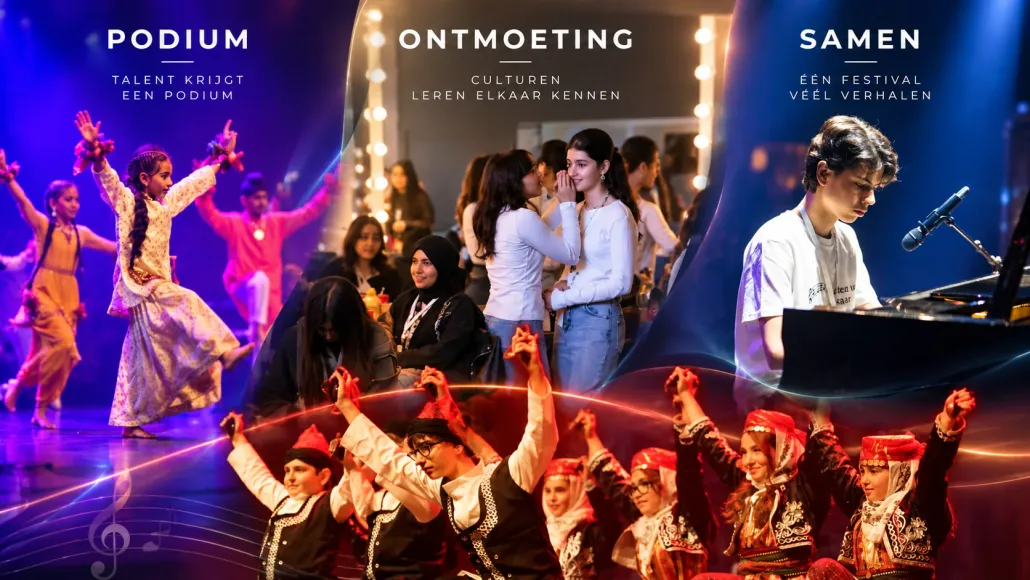 Collage van dansers, een pianist en een koor met de woorden podium, ontmoeting en samen